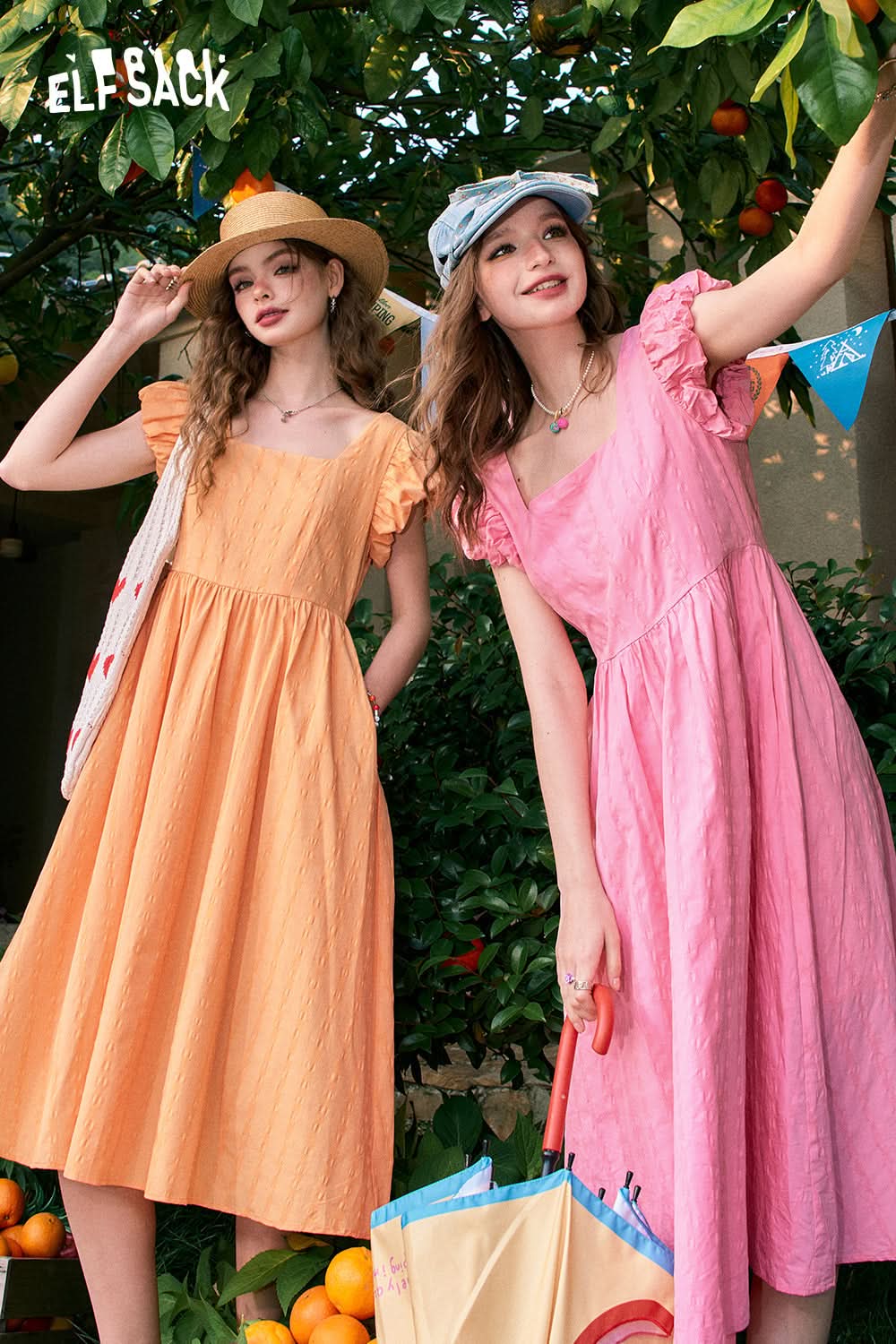 ELFSACK Puff sleeve French square neck slim waist dress