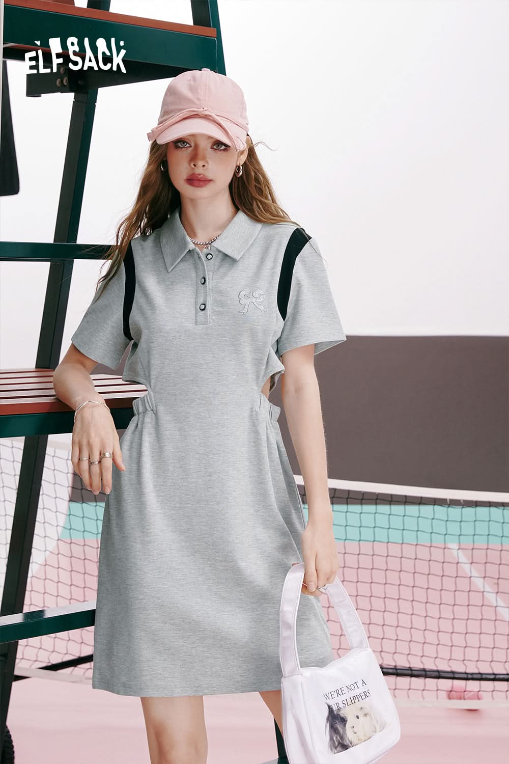 ELFSACK Gray lapel hollow casual sports style small size slim skirt T-shirt dress