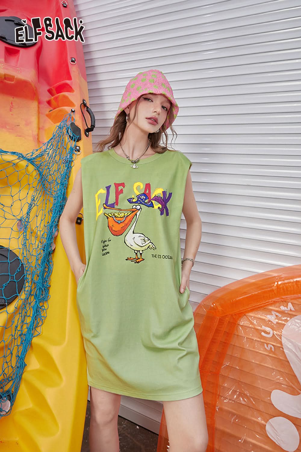 ELFSACK Sleeveless dress with gradient printed back and hollowed out women's casual skirt