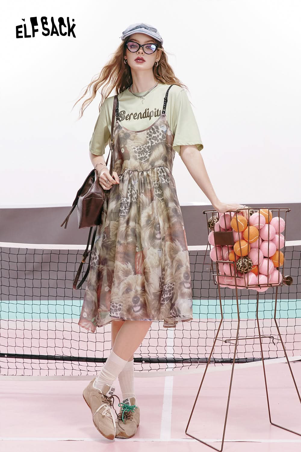 ELFSACK Green retro full print niche gentle style suspender dress T-shirt two-piece suit