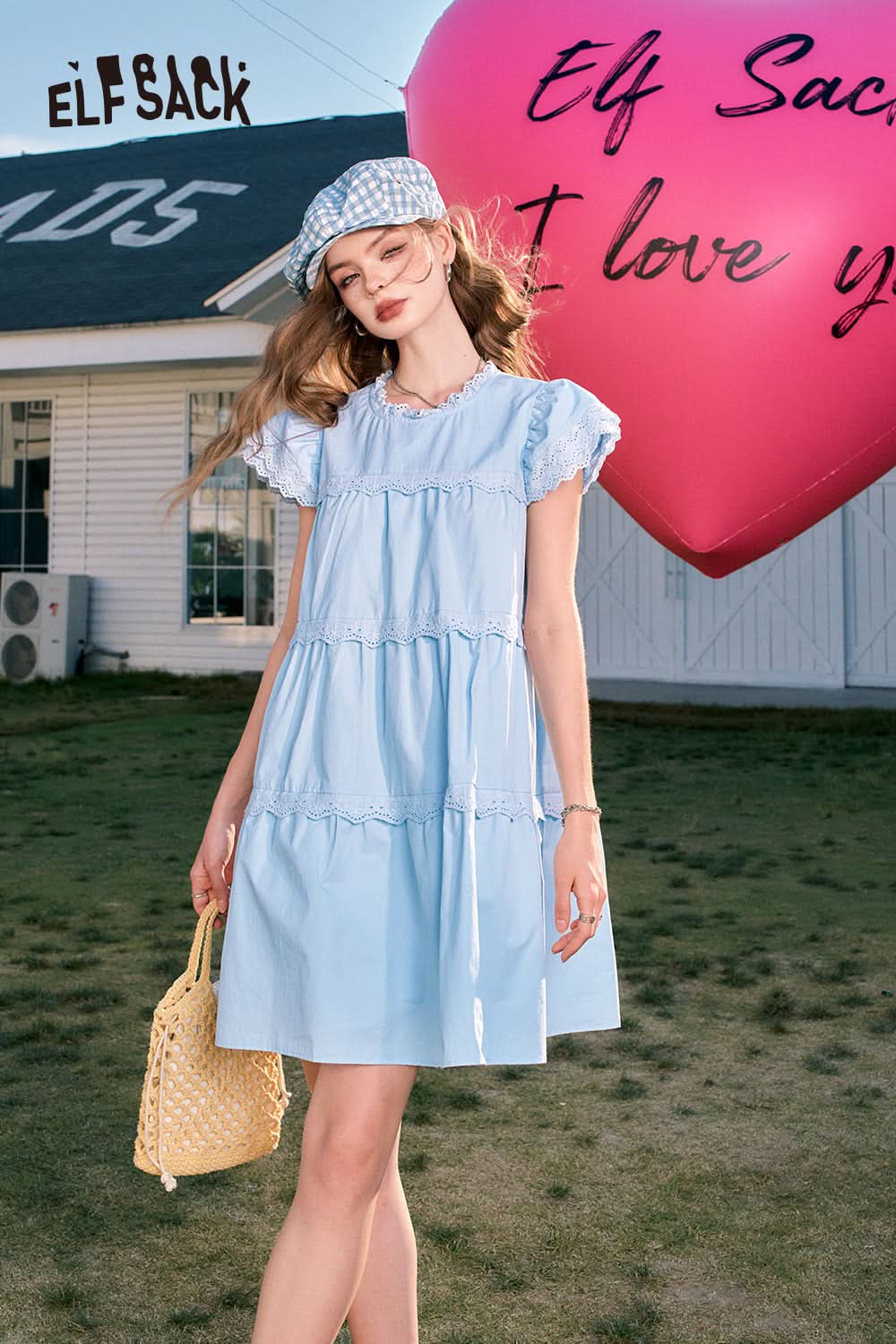 ELFSACK Cute style temperament slim lace sleeves small princess blue A-line dress
