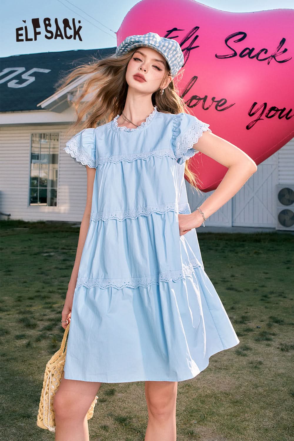 ELFSACK Cute style temperament slim lace sleeves small princess blue A-line dress