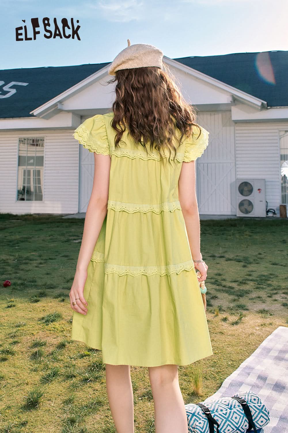 ELFSACK Cute style temperament slim lace sleeves small princess blue A-line dress