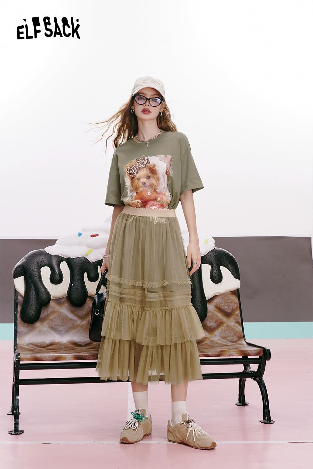 ELFSACK Mesh puppy print age-reducing gentle and cute casual slim T-shirt dress
