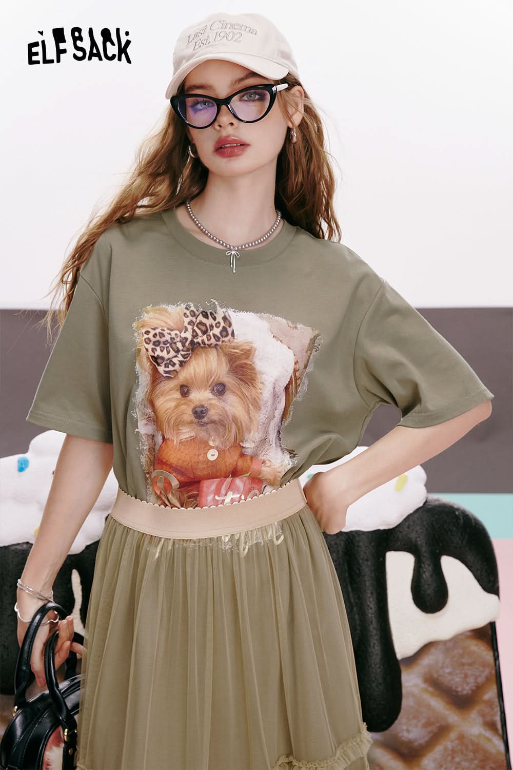 ELFSACK Mesh puppy print age-reducing gentle and cute casual slim T-shirt dress