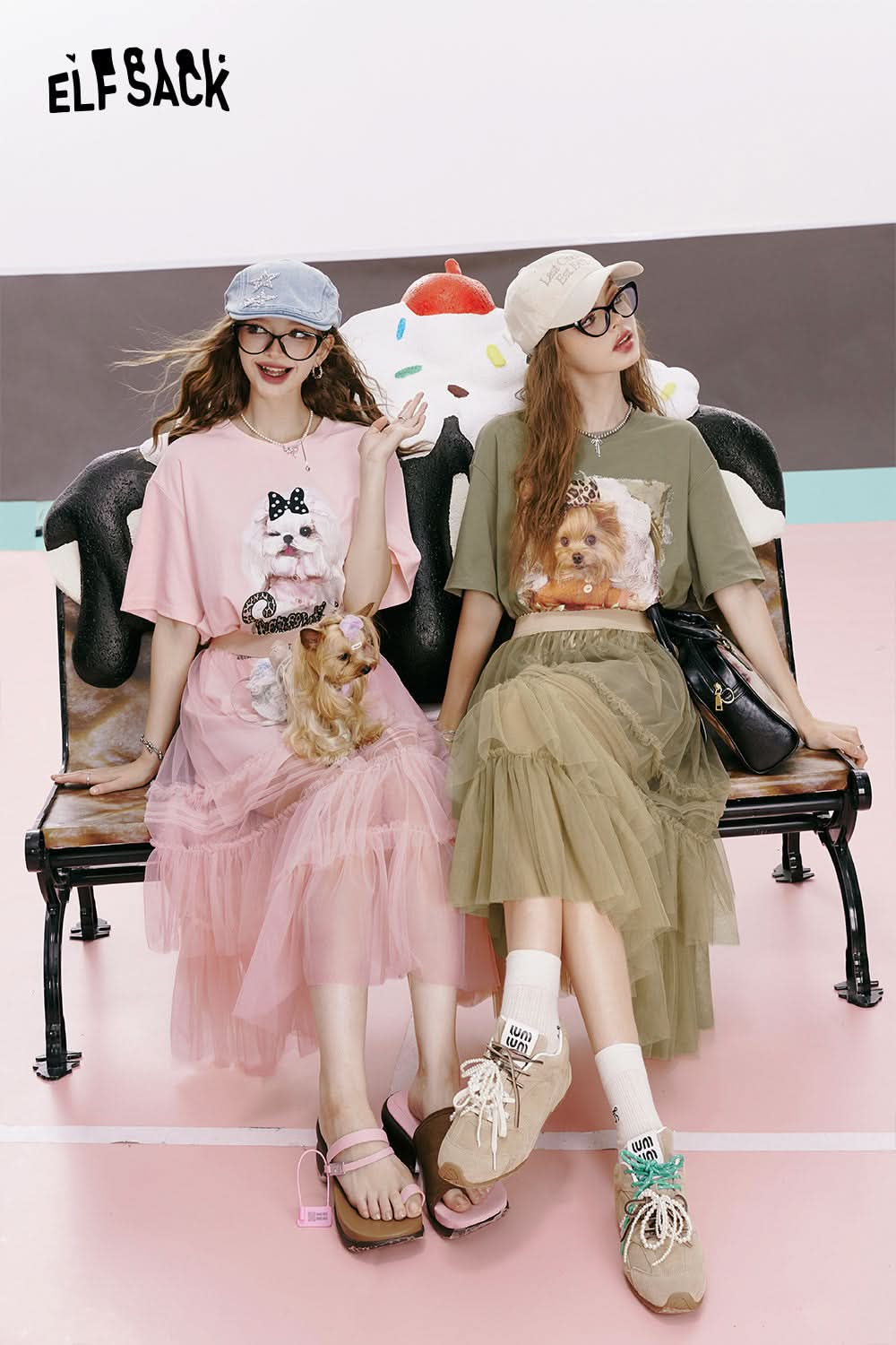 ELFSACK Mesh puppy print age-reducing gentle and cute casual slim T-shirt dress