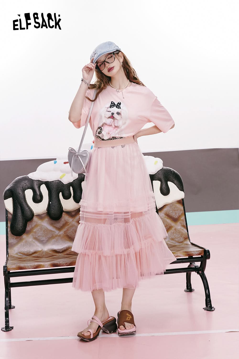 ELFSACK Mesh puppy print age-reducing gentle and cute casual slim T-shirt dress