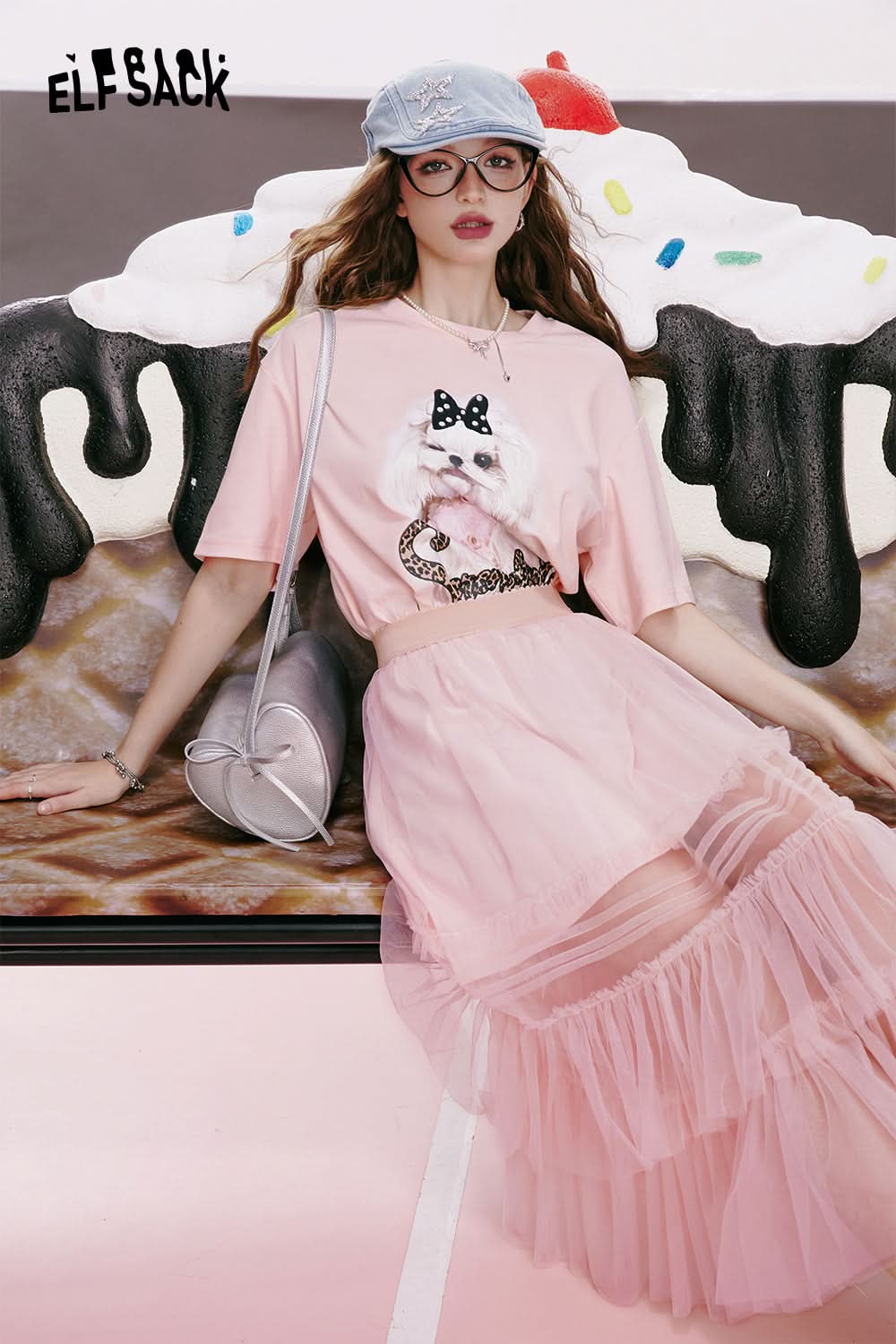 ELFSACK Mesh puppy print age-reducing gentle and cute casual slim T-shirt dress