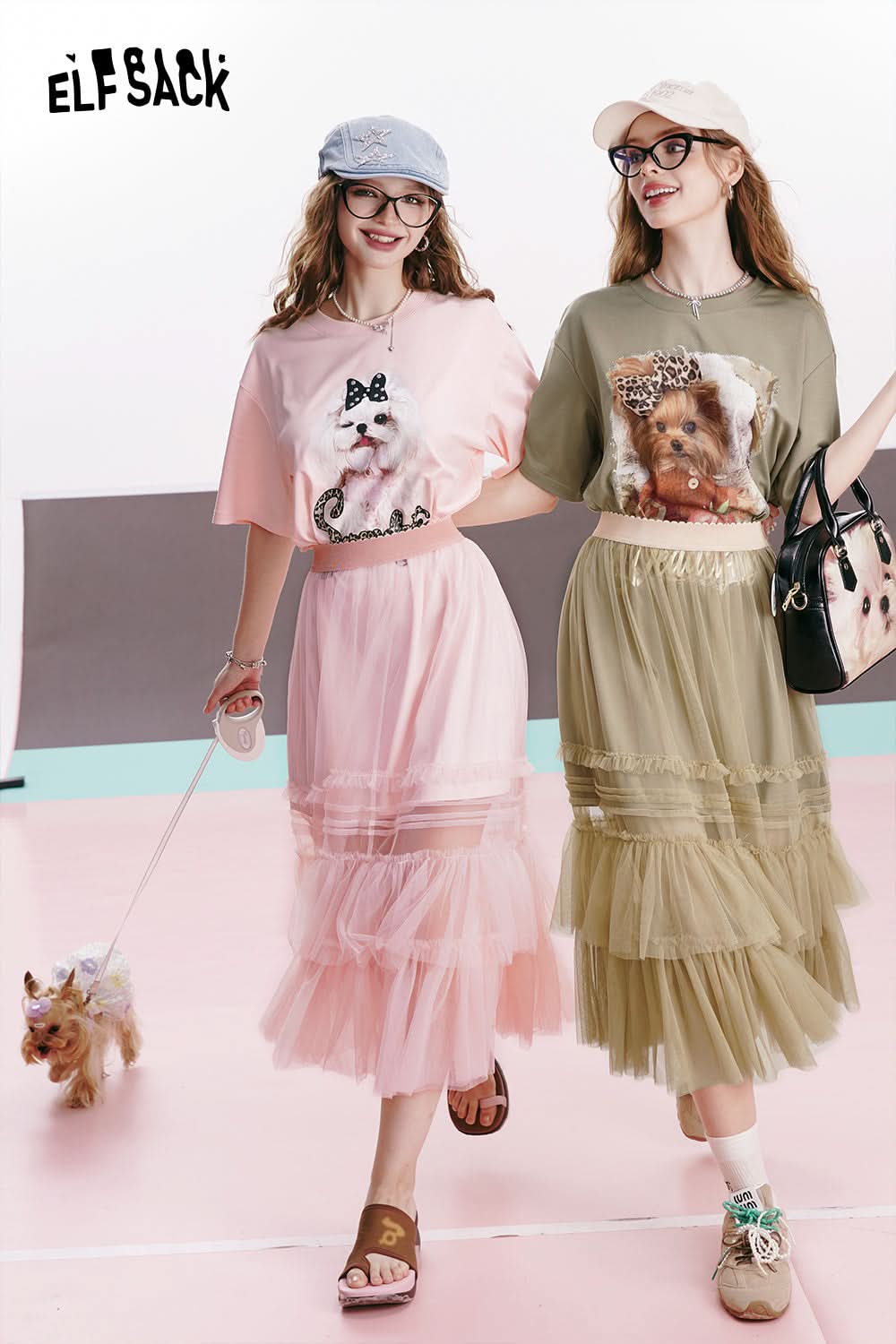 ELFSACK Mesh puppy print age-reducing gentle and cute casual slim T-shirt dress