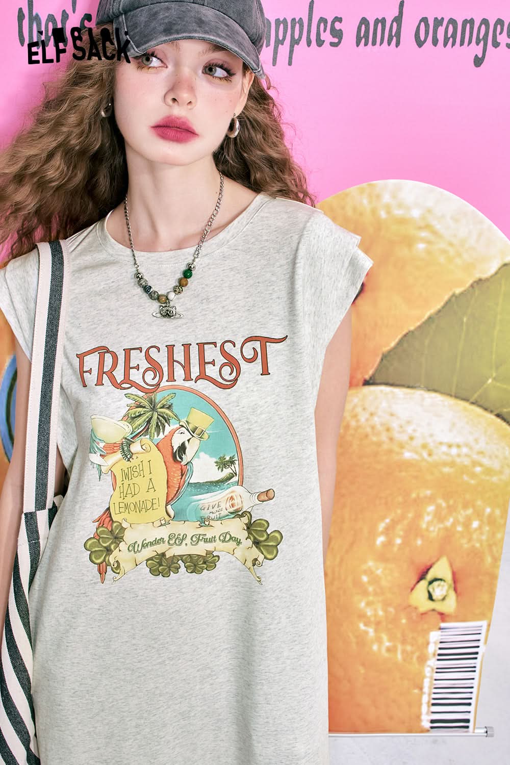 ELFSACK Blue slit small slim casual printed T-shirt dress