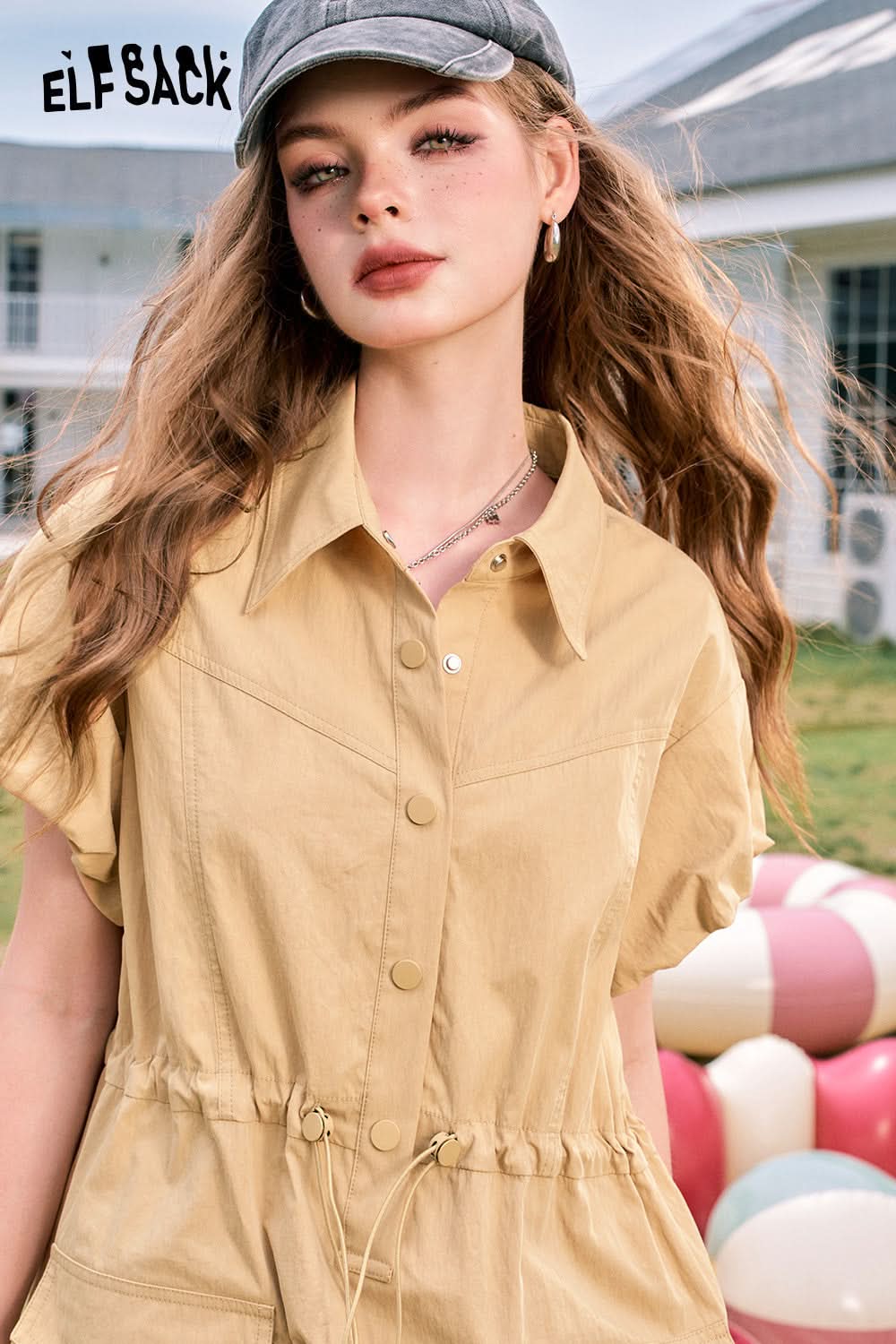 ELFSACK Flying sleeves khaki waisted lapel casual slim workwear style dress