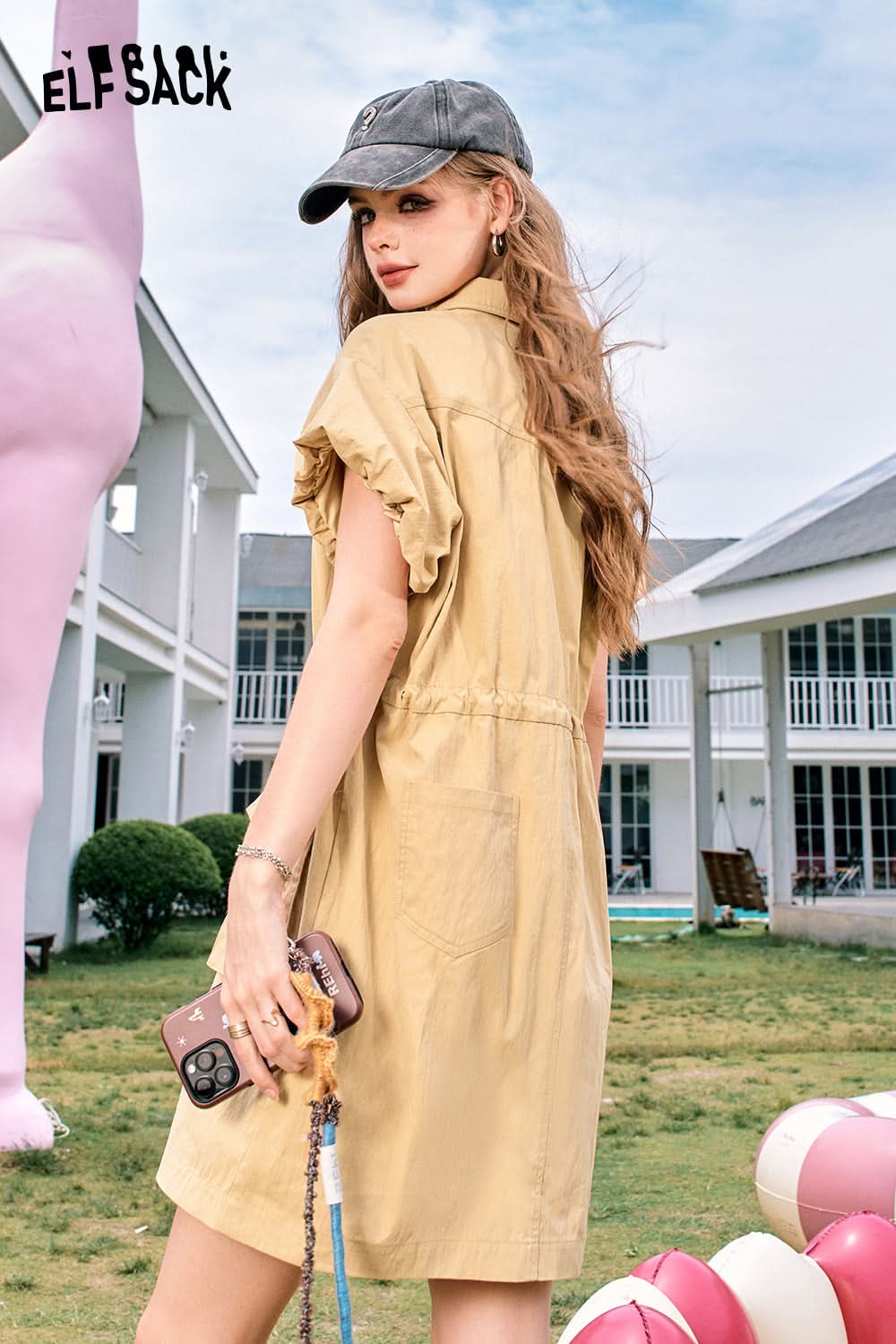 ELFSACK Flying sleeves khaki waisted lapel casual slim workwear style dress