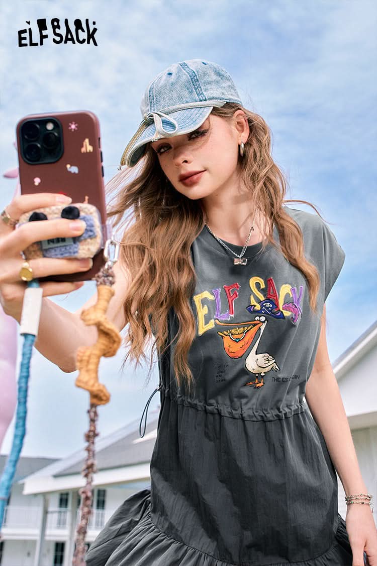 ELFSACK Grey holiday style casual letter print waist slimming vest sleeveless dress