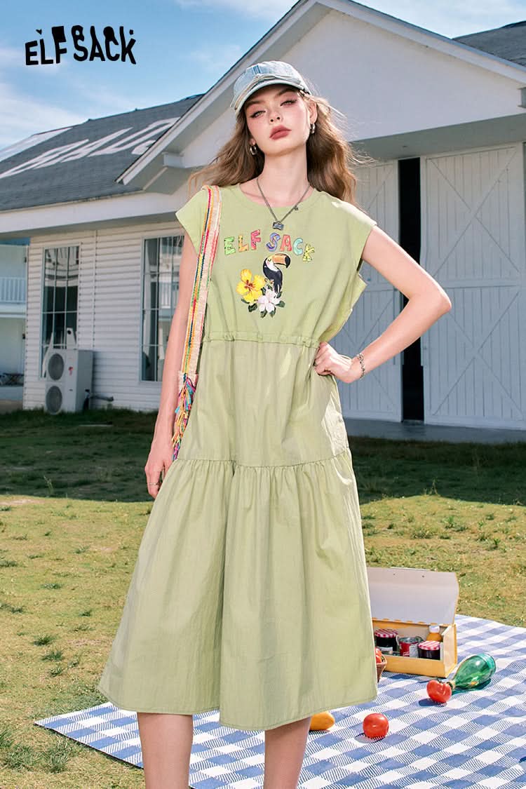 ELFSACK Grey holiday style casual letter print waist slimming vest sleeveless dress