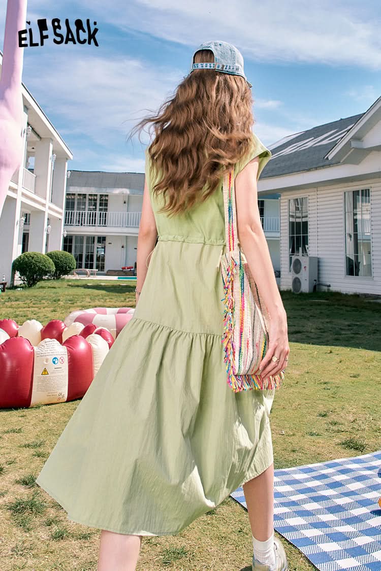 ELFSACK Grey holiday style casual letter print waist slimming vest sleeveless dress