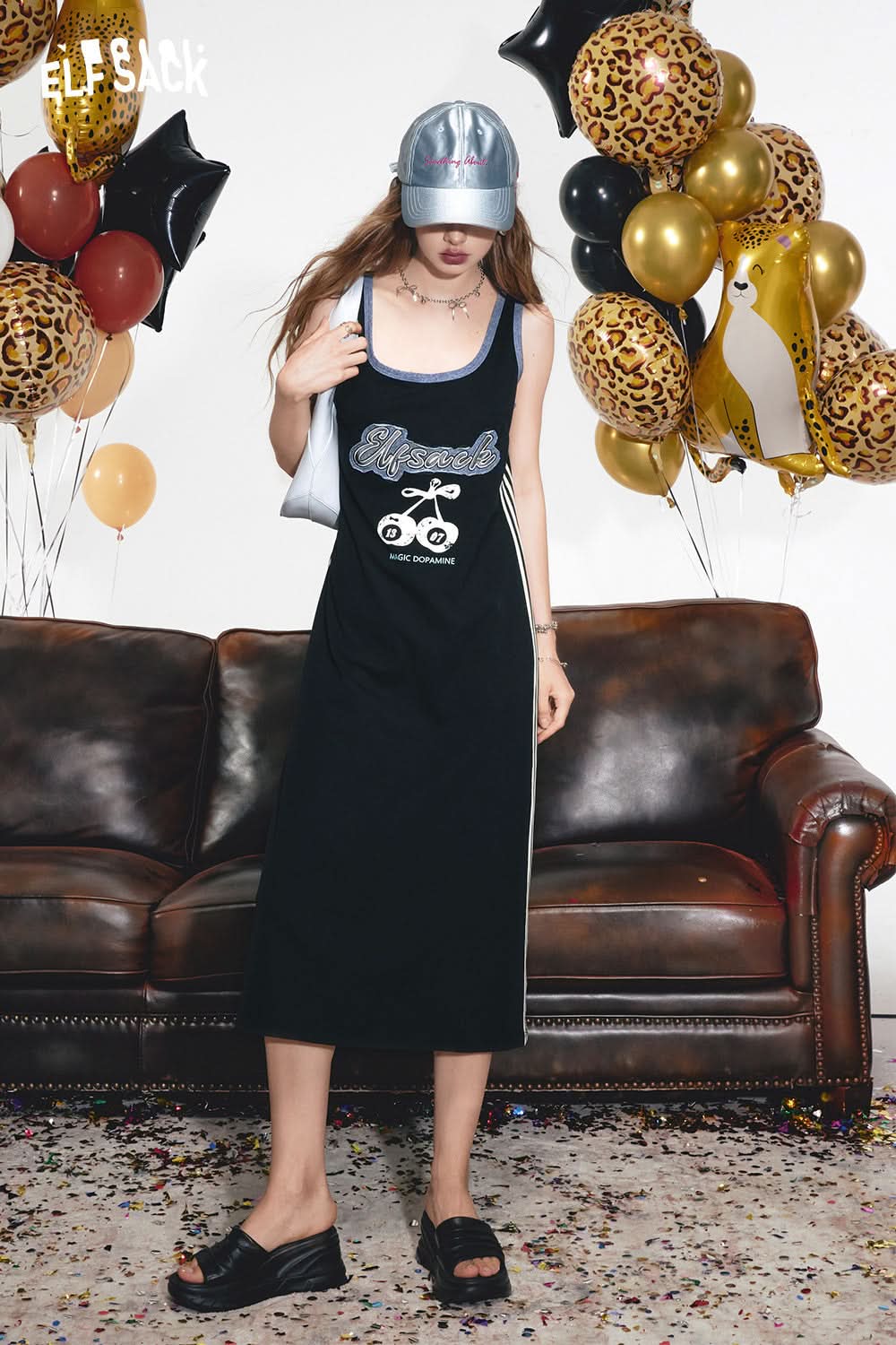ELFSACK Contrast black print petite slim sexy vest suspender dress