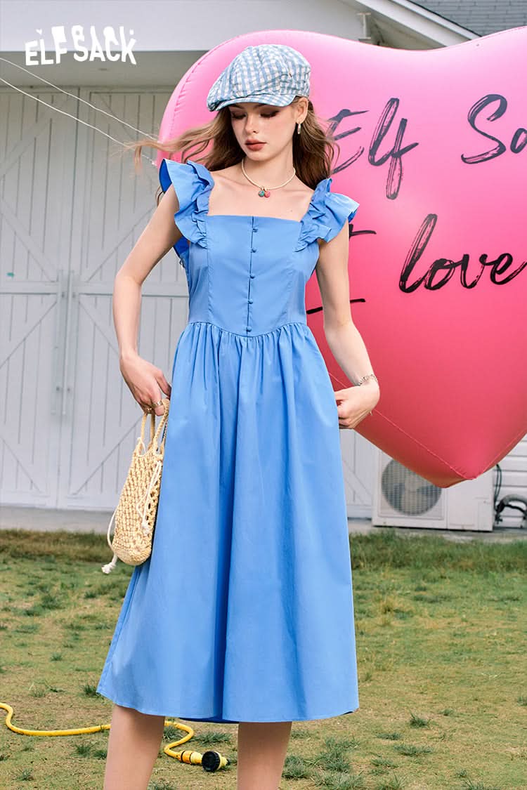 ELFSACK Flying sleeves waist sexy square neck slim blue temperament dress