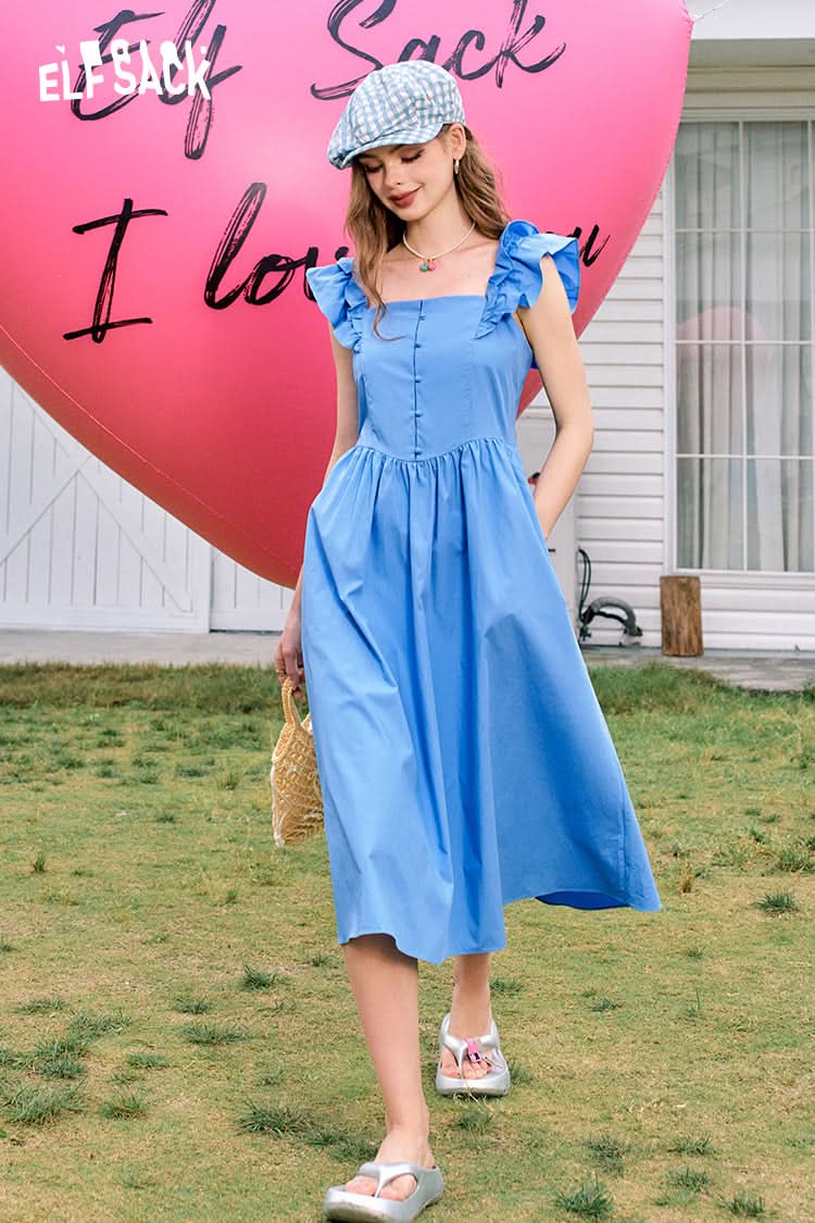 ELFSACK Flying sleeves waist sexy square neck slim blue temperament dress
