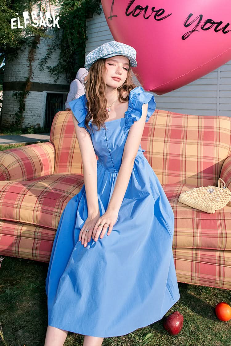 ELFSACK Flying sleeves waist sexy square neck slim blue temperament dress