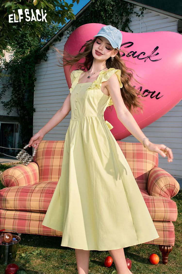 ELFSACK Flying sleeves waist sexy square neck slim blue temperament dress