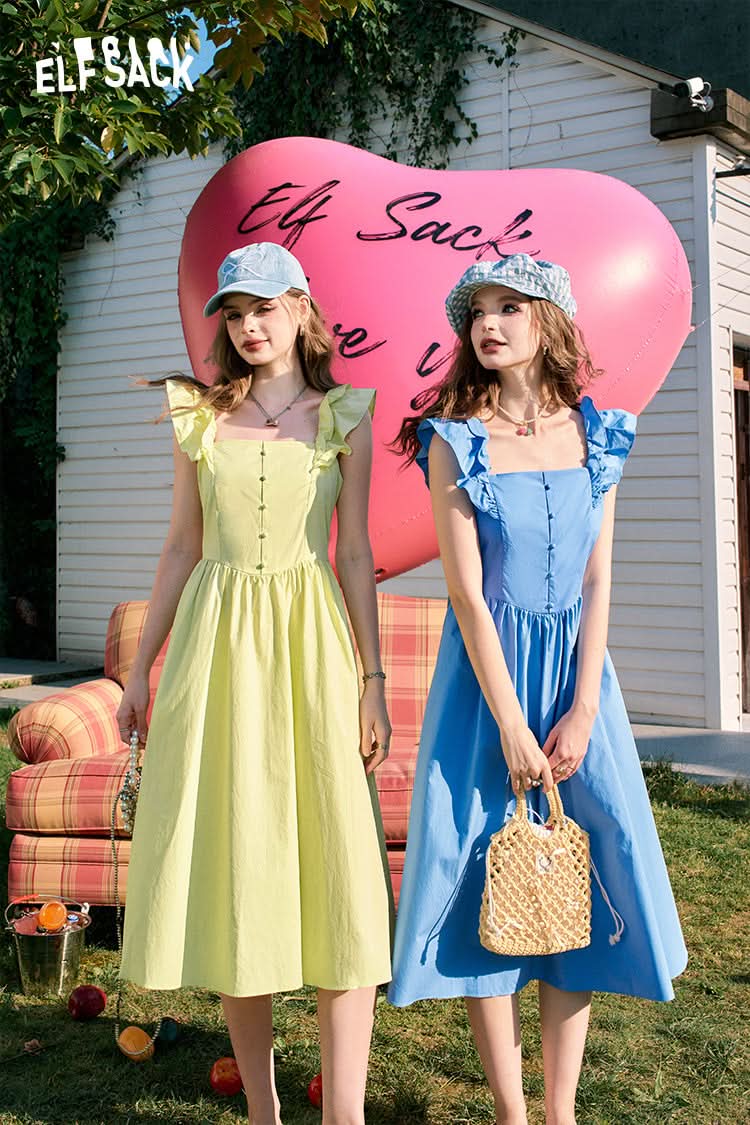 ELFSACK Flying sleeves waist sexy square neck slim blue temperament dress