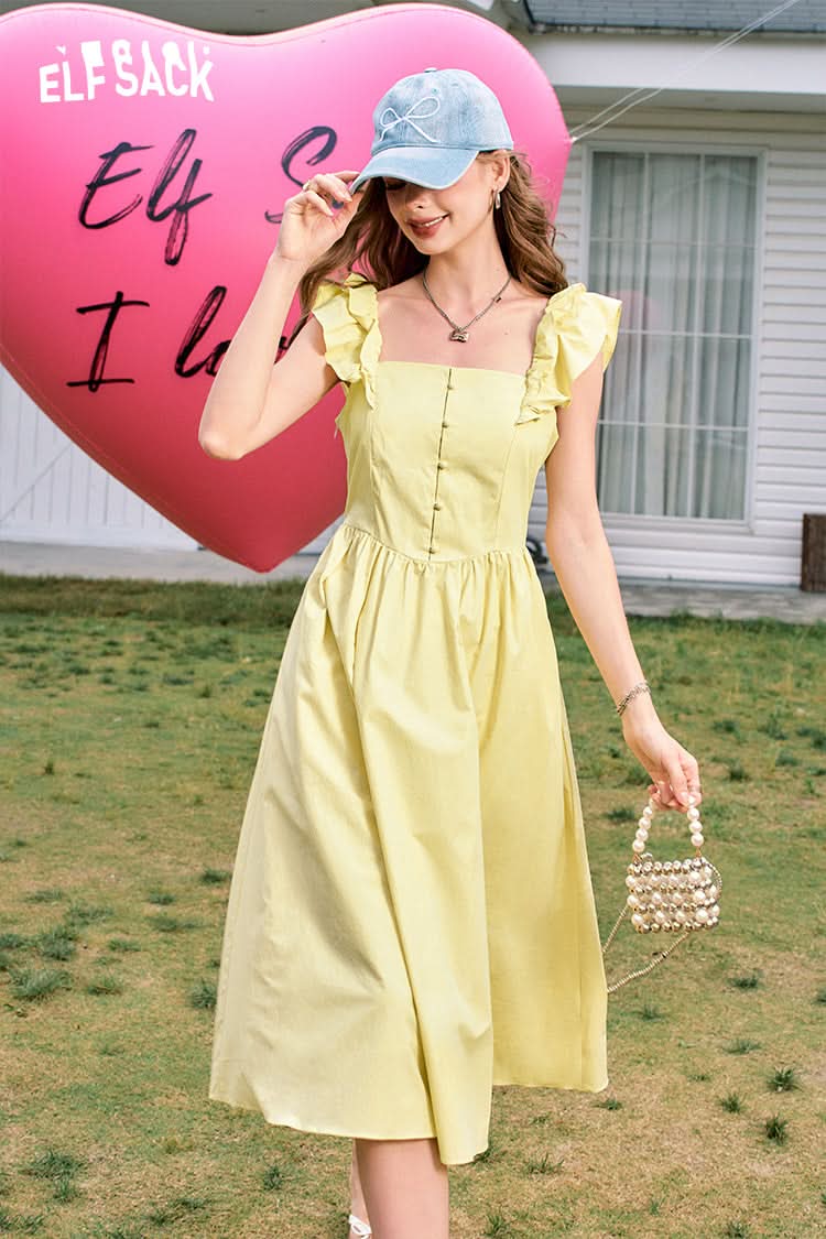 ELFSACK Flying sleeves waist sexy square neck slim blue temperament dress