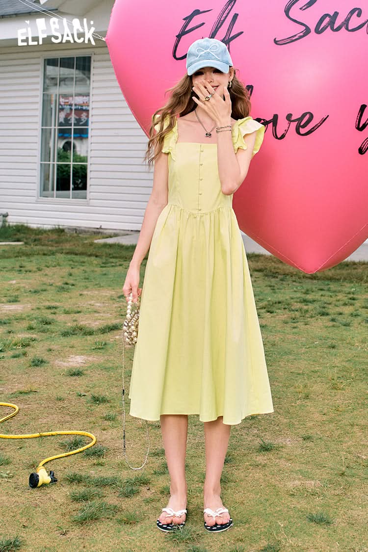 ELFSACK Flying sleeves waist sexy square neck slim blue temperament dress