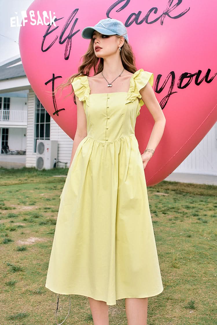 ELFSACK Flying sleeves waist sexy square neck slim blue temperament dress