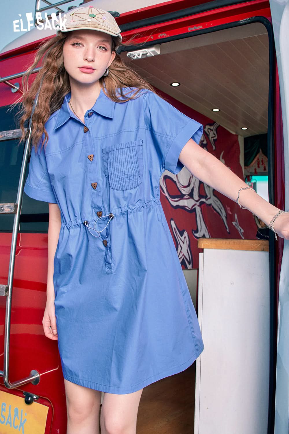 ELFSACK Blue printed small waist slimming gentle style work dress