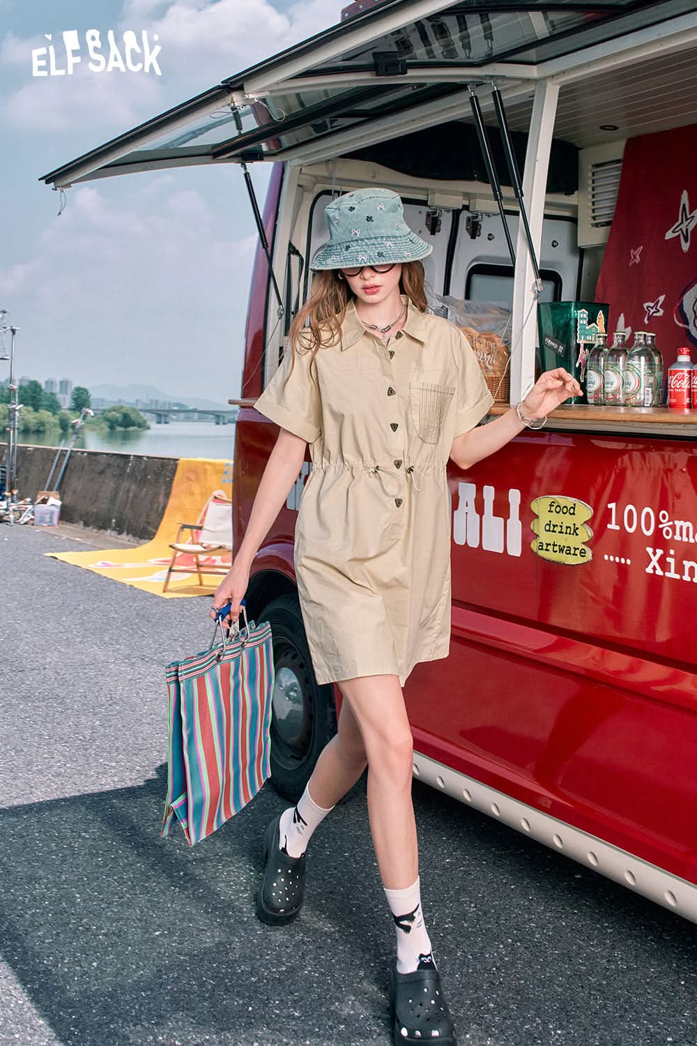 ELFSACK Blue printed small waist slimming gentle style work dress