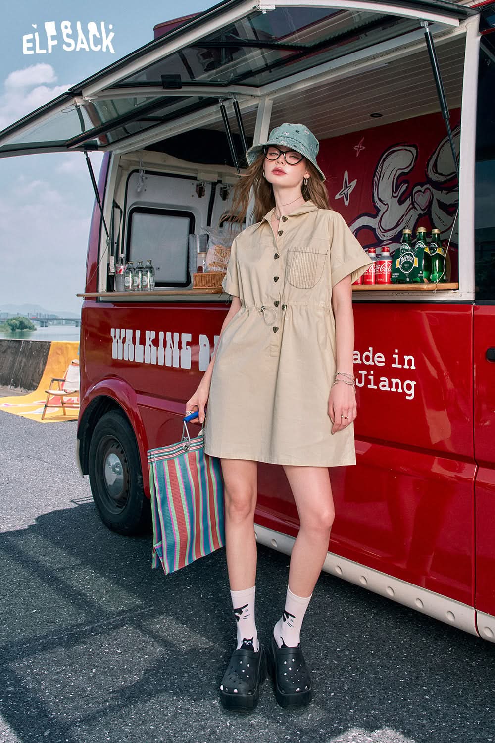 ELFSACK Blue printed small waist slimming gentle style work dress