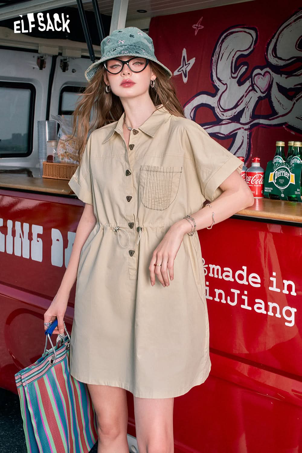 ELFSACK Blue printed small waist slimming gentle style work dress