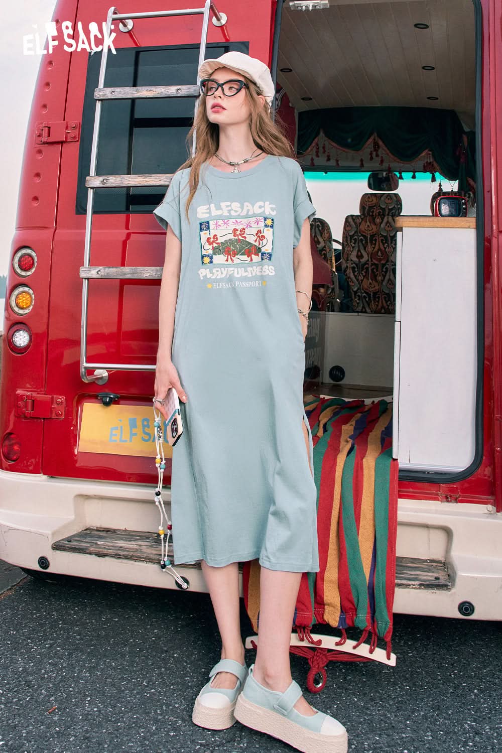 ELFSACK Blue slit casual bow print petite slim T-shirt dress