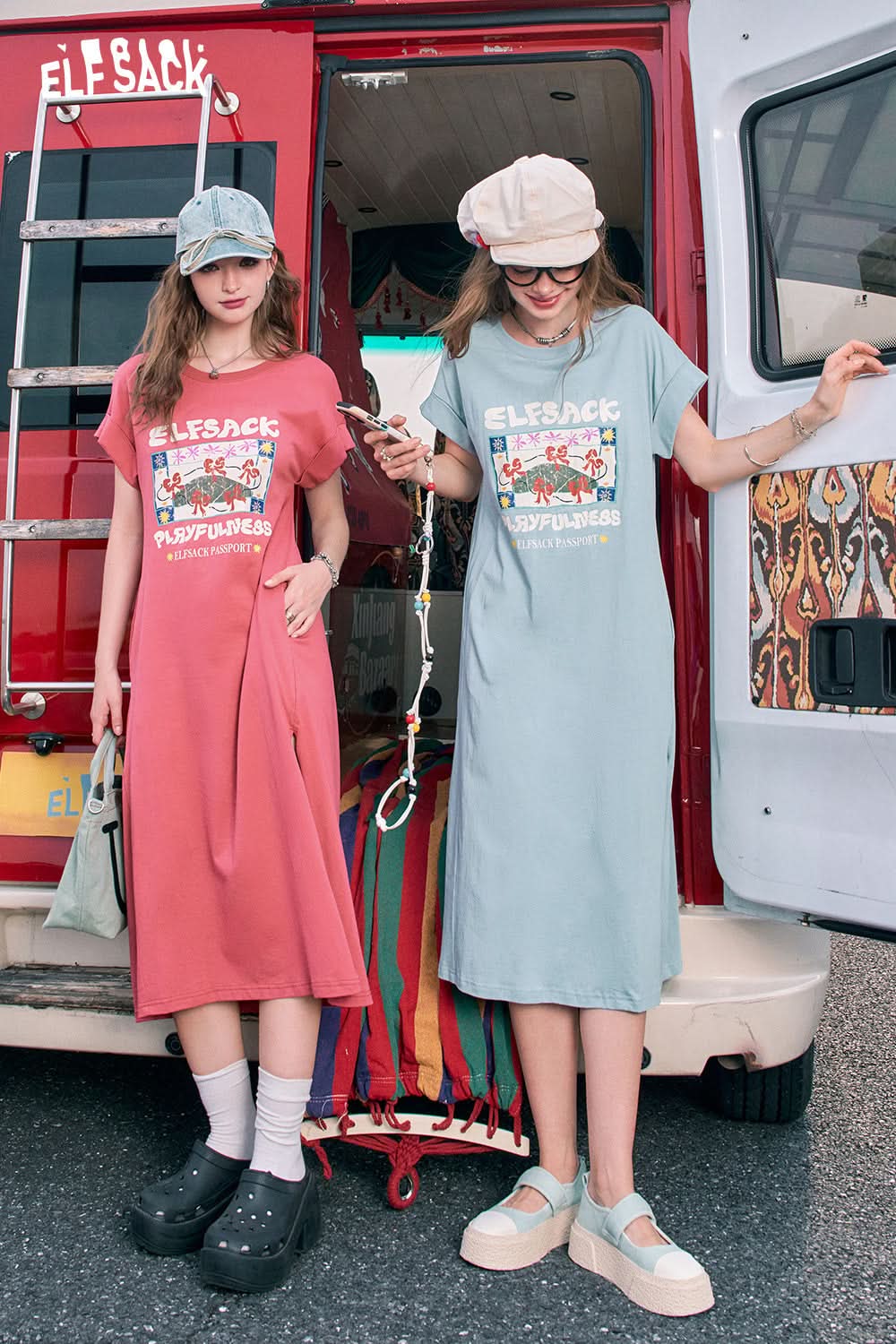 ELFSACK Blue slit casual bow print petite slim T-shirt dress