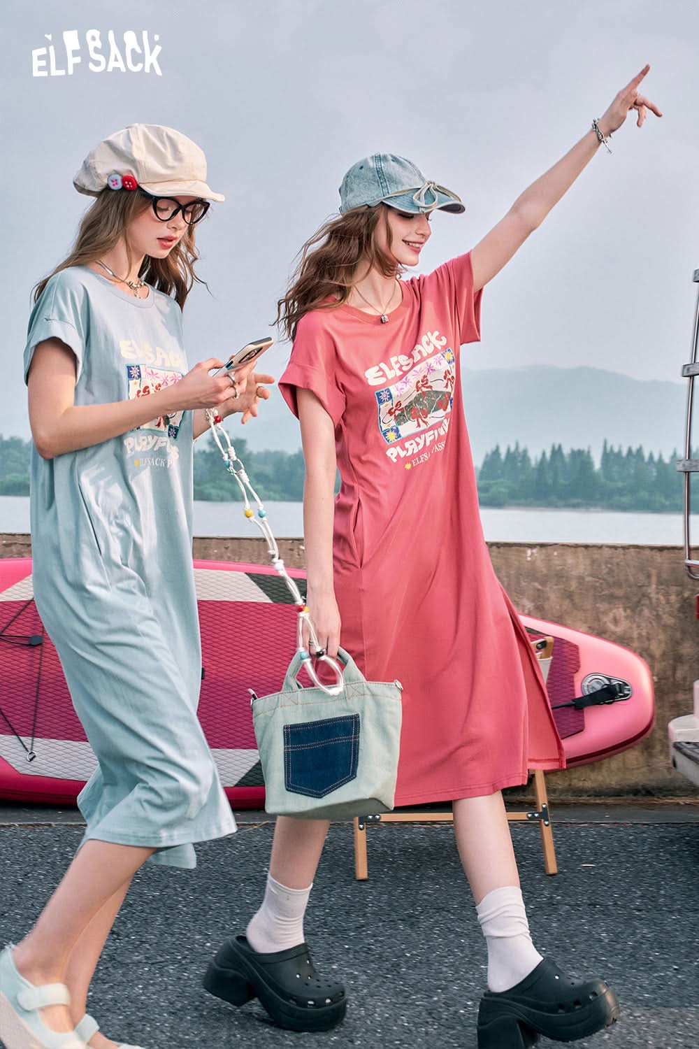 ELFSACK Blue slit casual bow print petite slim T-shirt dress