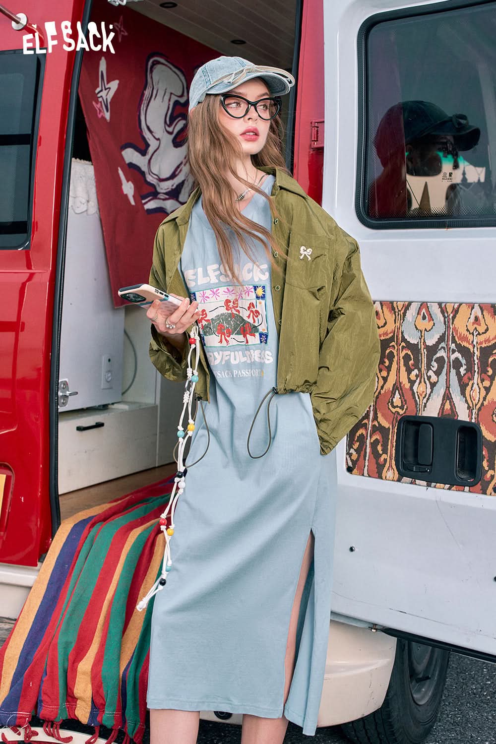 ELFSACK Blue slit casual bow print petite slim T-shirt dress