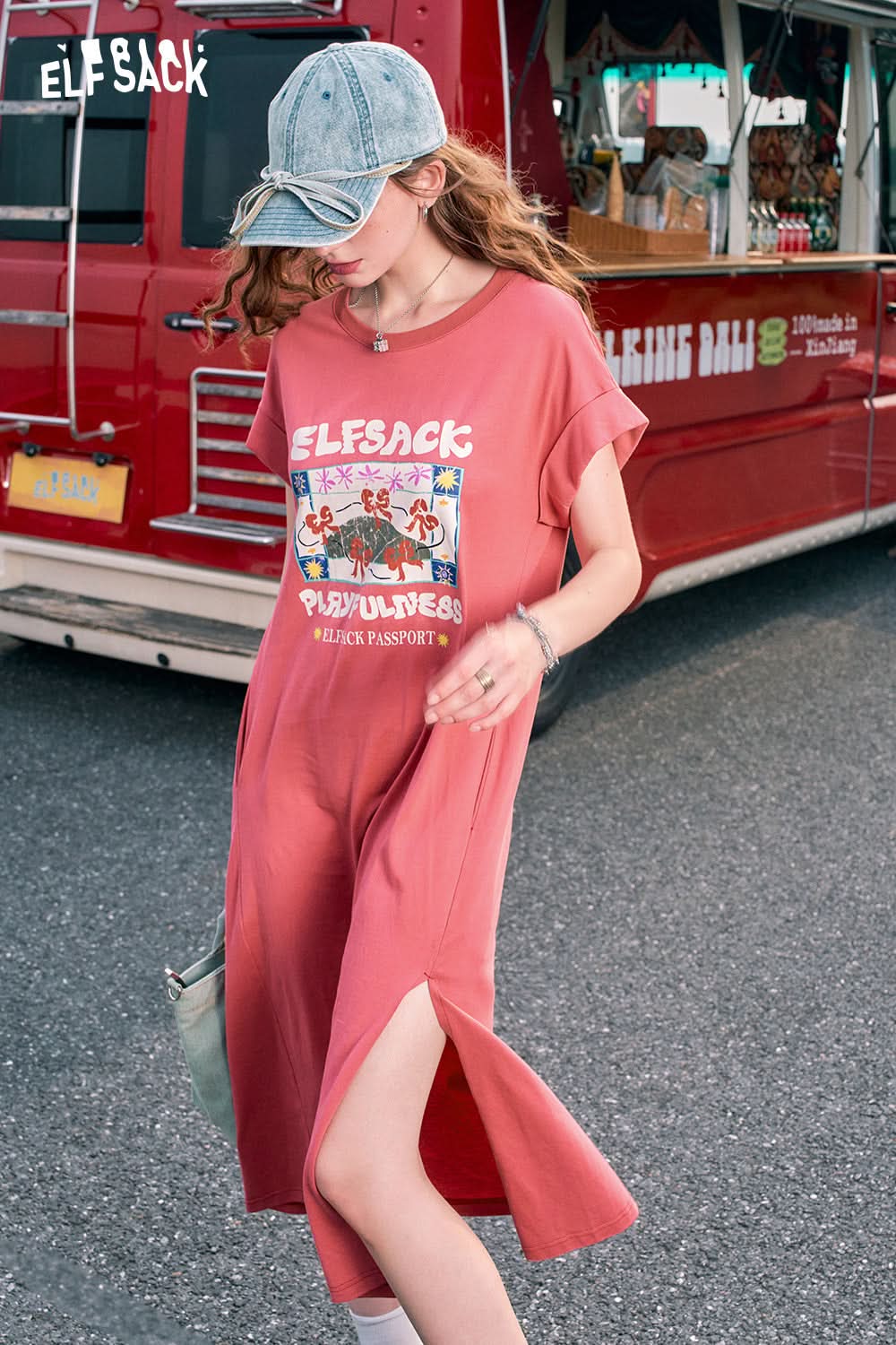 ELFSACK Blue slit casual bow print petite slim T-shirt dress