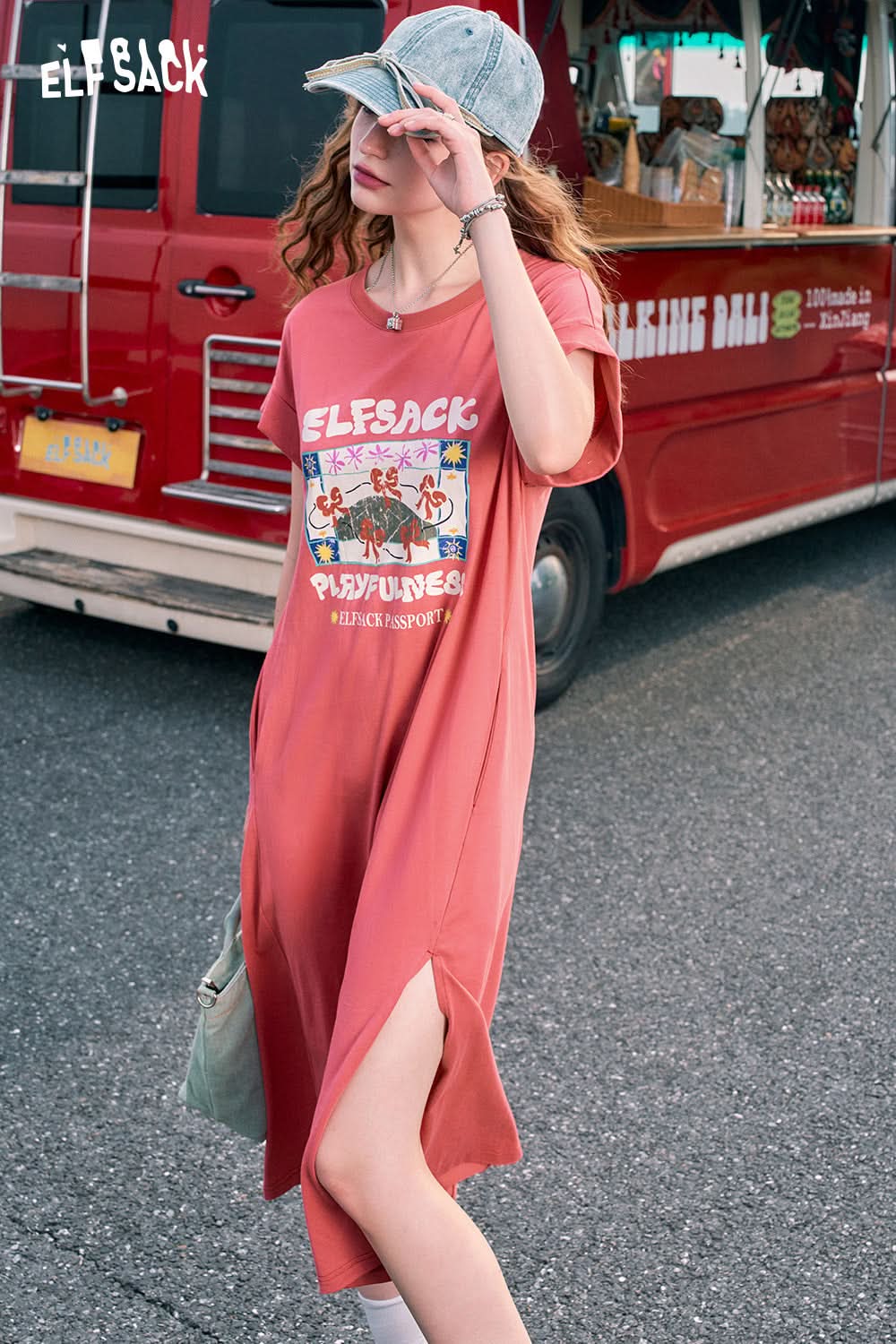 ELFSACK Blue slit casual bow print petite slim T-shirt dress