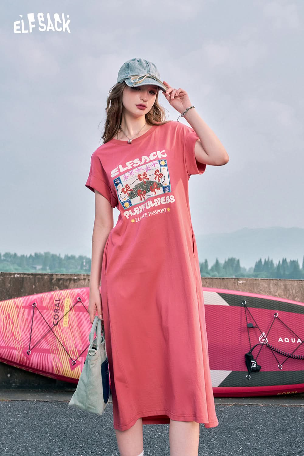 ELFSACK Blue slit casual bow print petite slim T-shirt dress