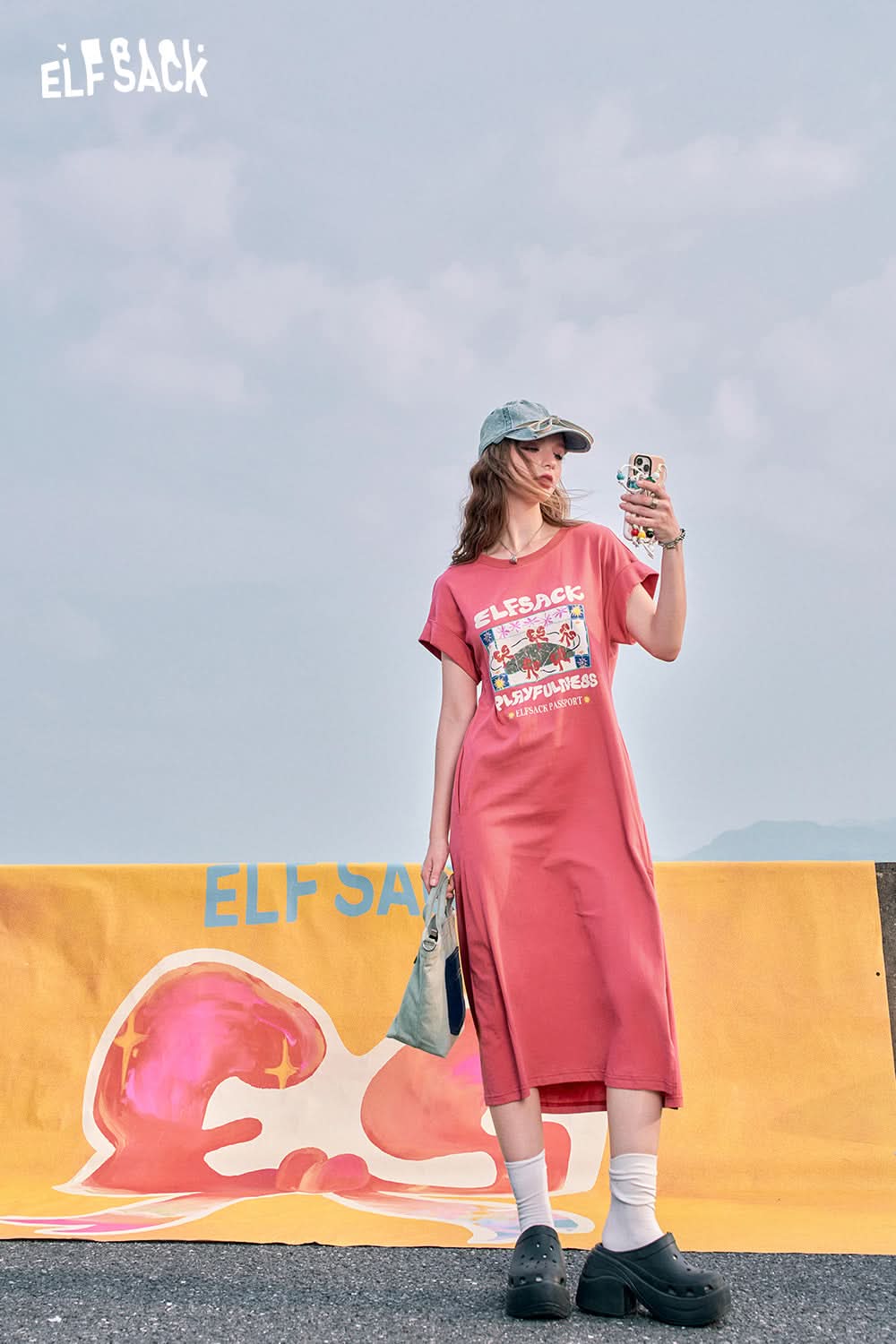 ELFSACK Blue slit casual bow print petite slim T-shirt dress