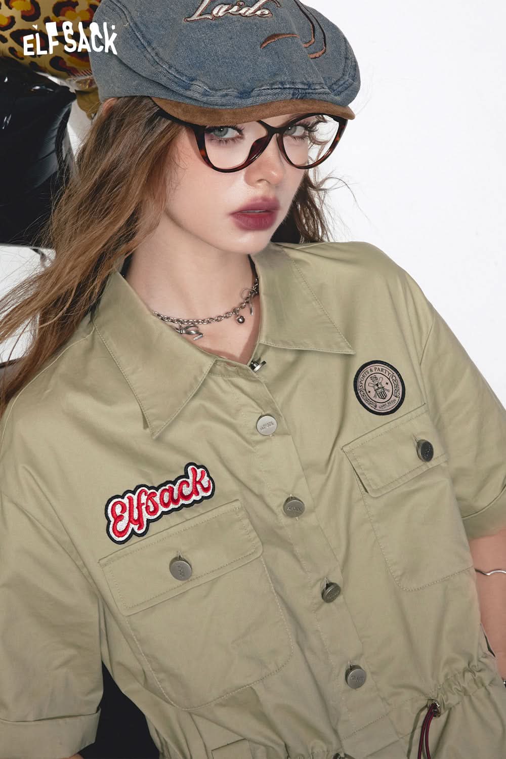 ELFSACK Workwear style green retro petite slim short-sleeved dress