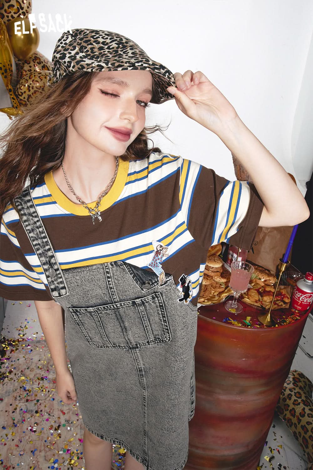 ELFSACK Fake two-piece striped patchwork short-sleeved small-sized age-reducing T-shirt denim suspender dress