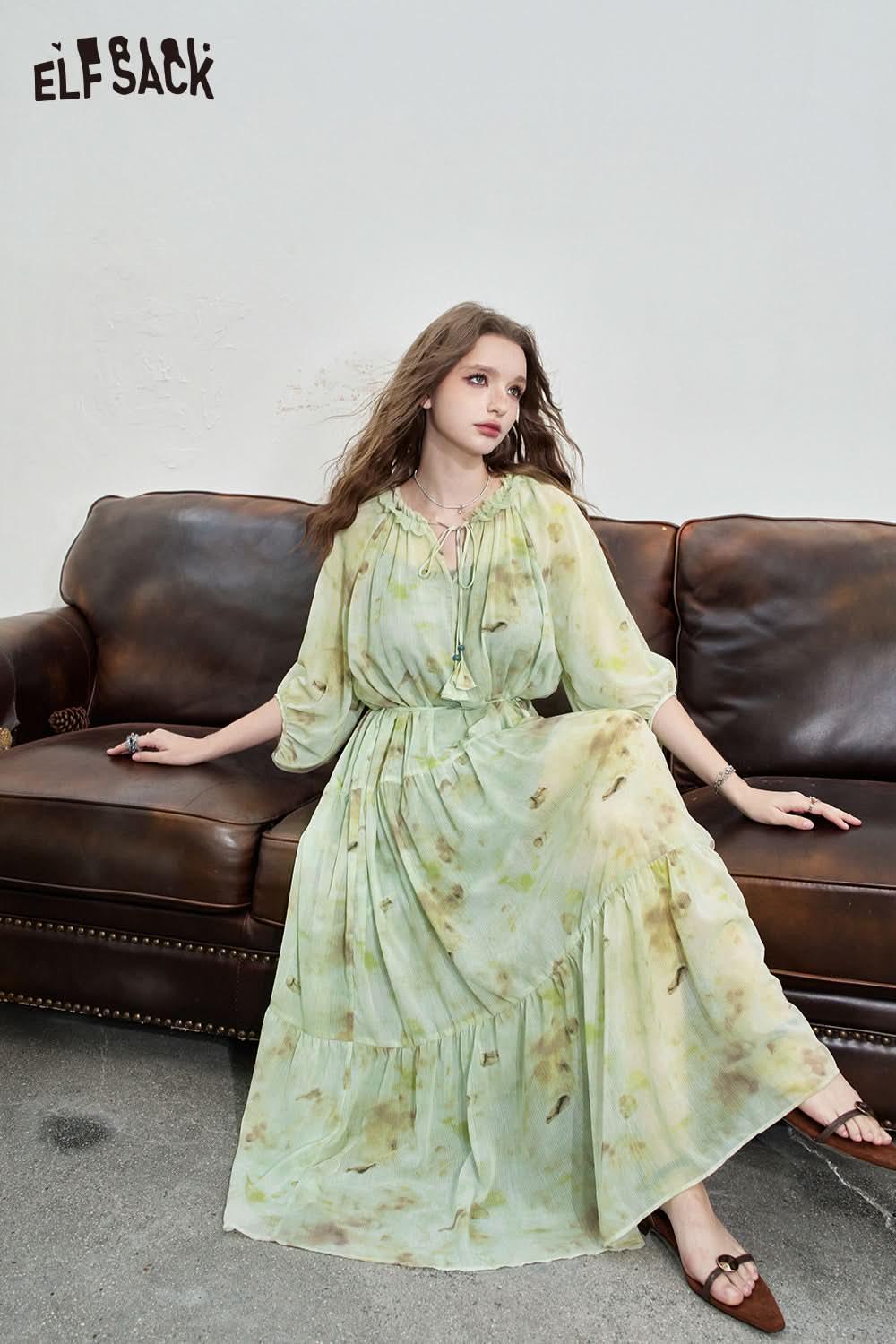 ELFSACK Ink printed dress with a waist cinching and elegant long dress