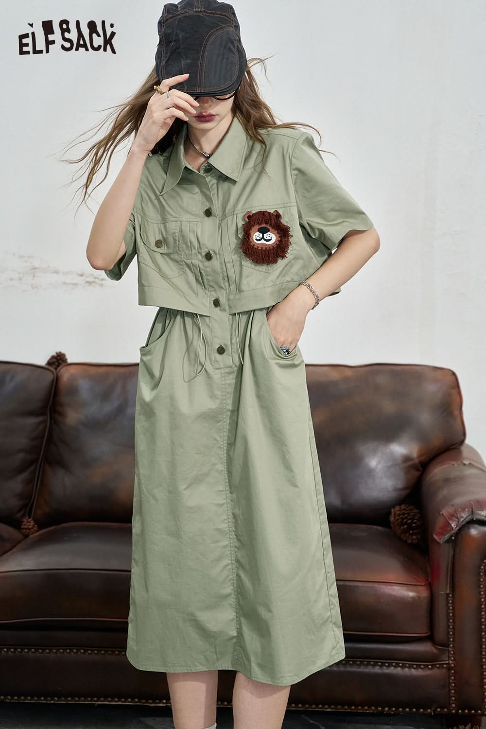 ELFSACK Work style shirt dress, women's casual waist cinched loose dress