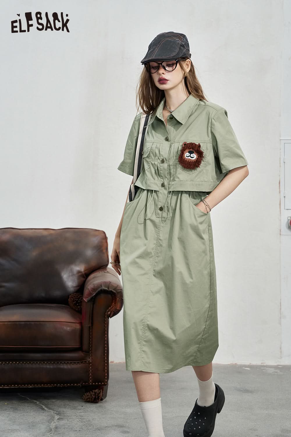 ELFSACK Work style shirt dress, women's casual waist cinched loose dress