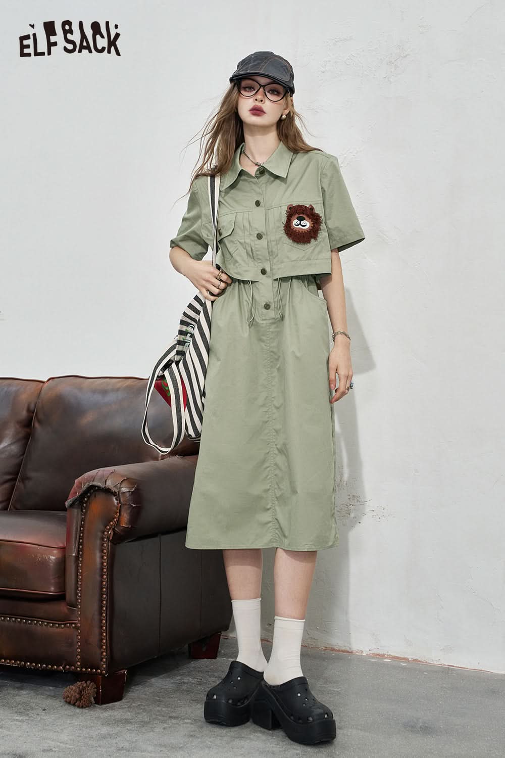 ELFSACK Work style shirt dress, women's casual waist cinched loose dress
