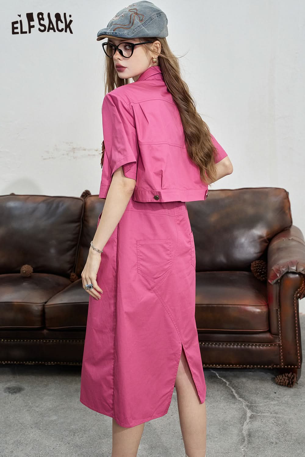 ELFSACK Work style shirt dress, women's casual waist cinched loose dress