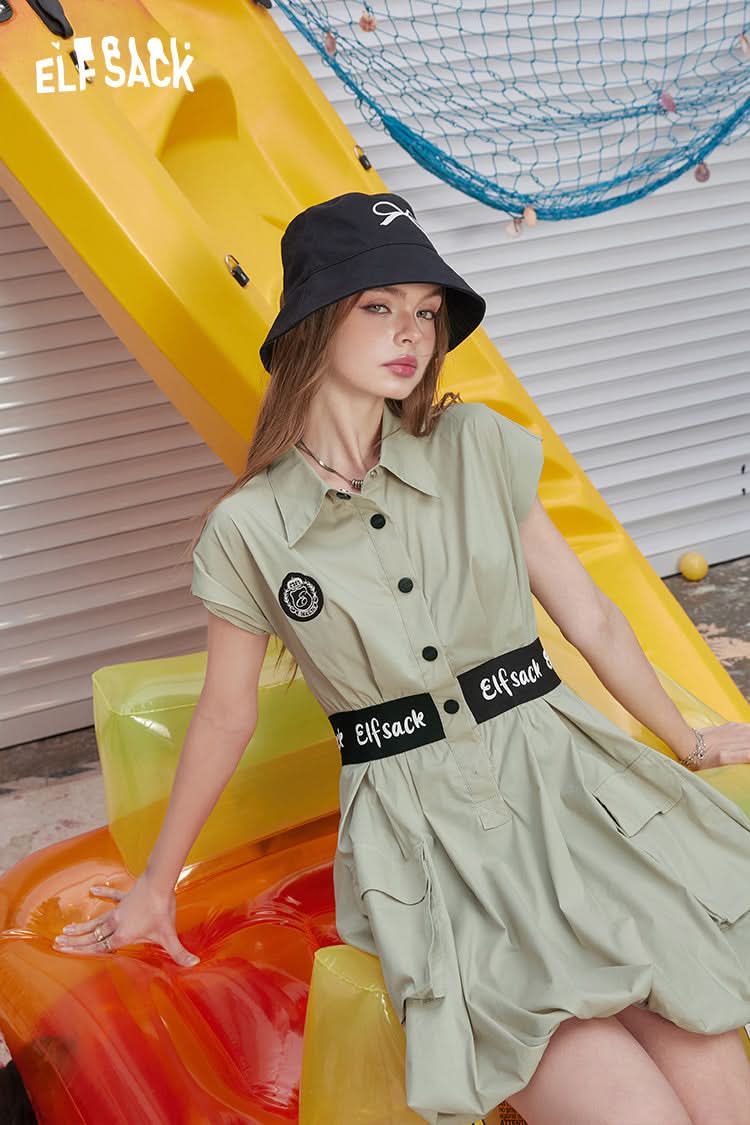 ELFSACK Orange lapel letter embroidered belt waist slimming temperament fluffy dress