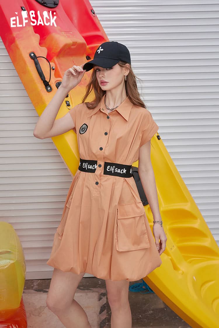 ELFSACK Orange lapel letter embroidered belt waist slimming temperament fluffy dress