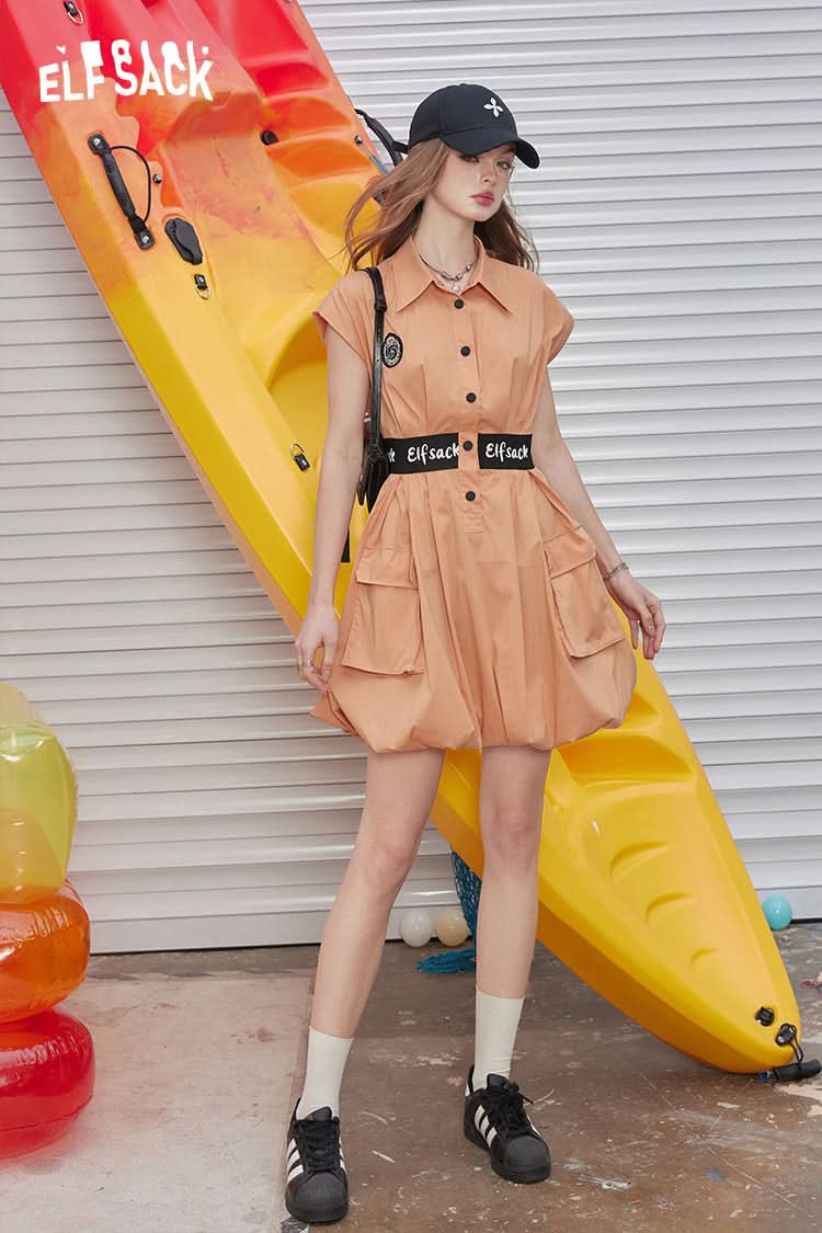 ELFSACK Orange lapel letter embroidered belt waist slimming temperament fluffy dress